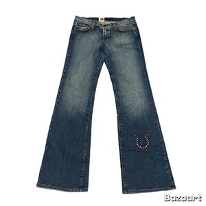 Y2K Texas Couture Horseshoe Embellished Blue Jeans Low Waisted Flare Size 29X33”